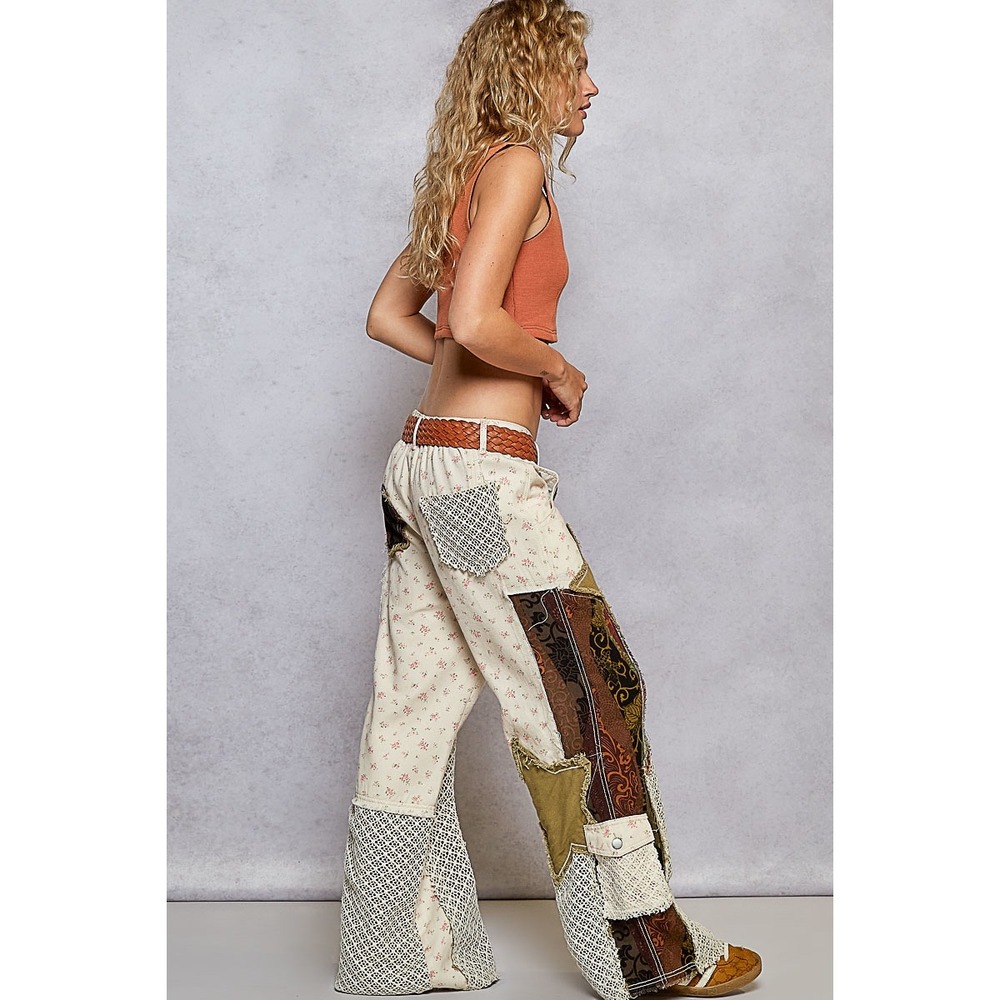 POL Boho Printed Patchwork Detail Woven Twill Pan… - image 5